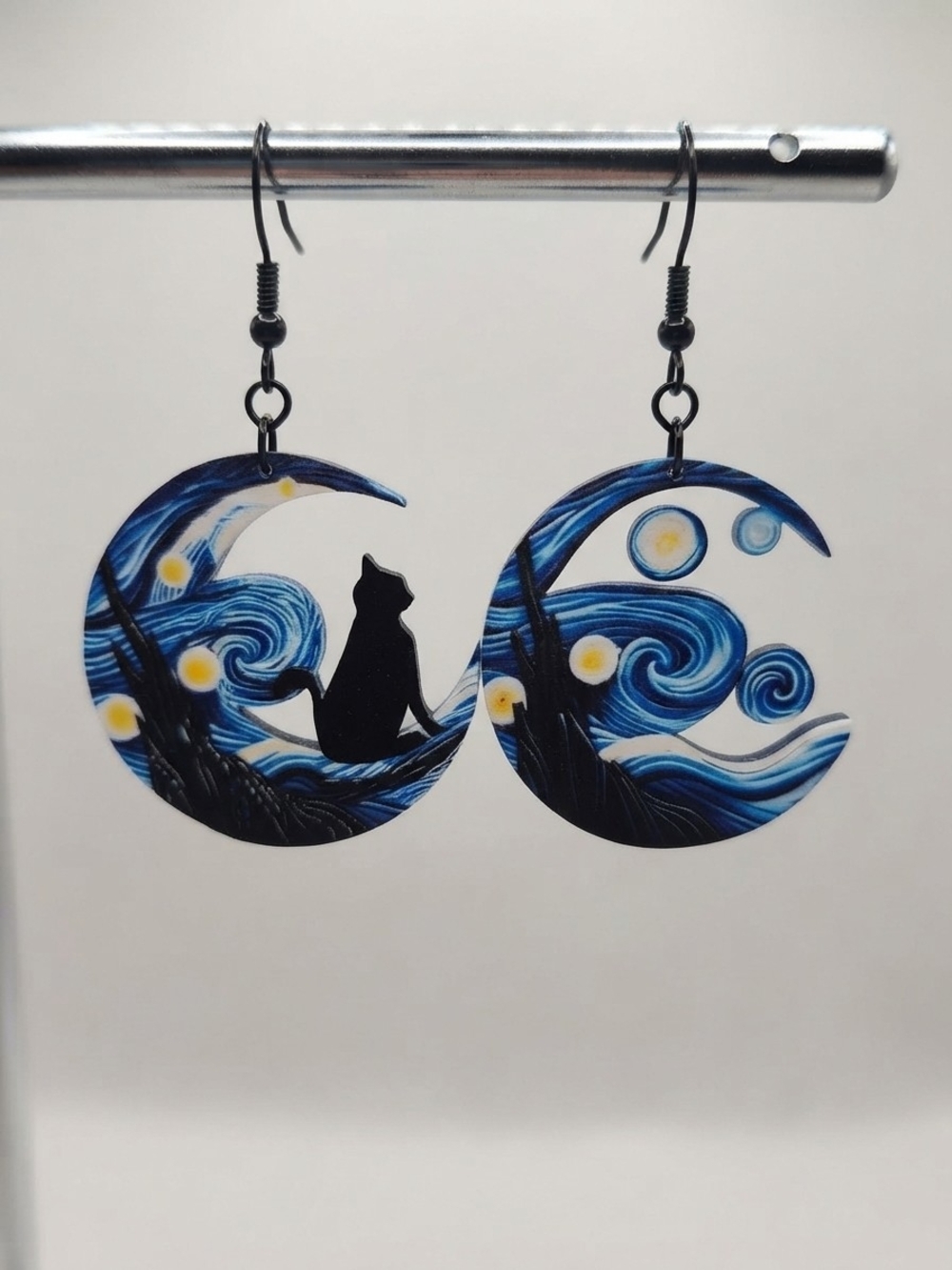 NEW Handmade Mismatch Cat Silhouette Crescent Moon Earrings (0343)